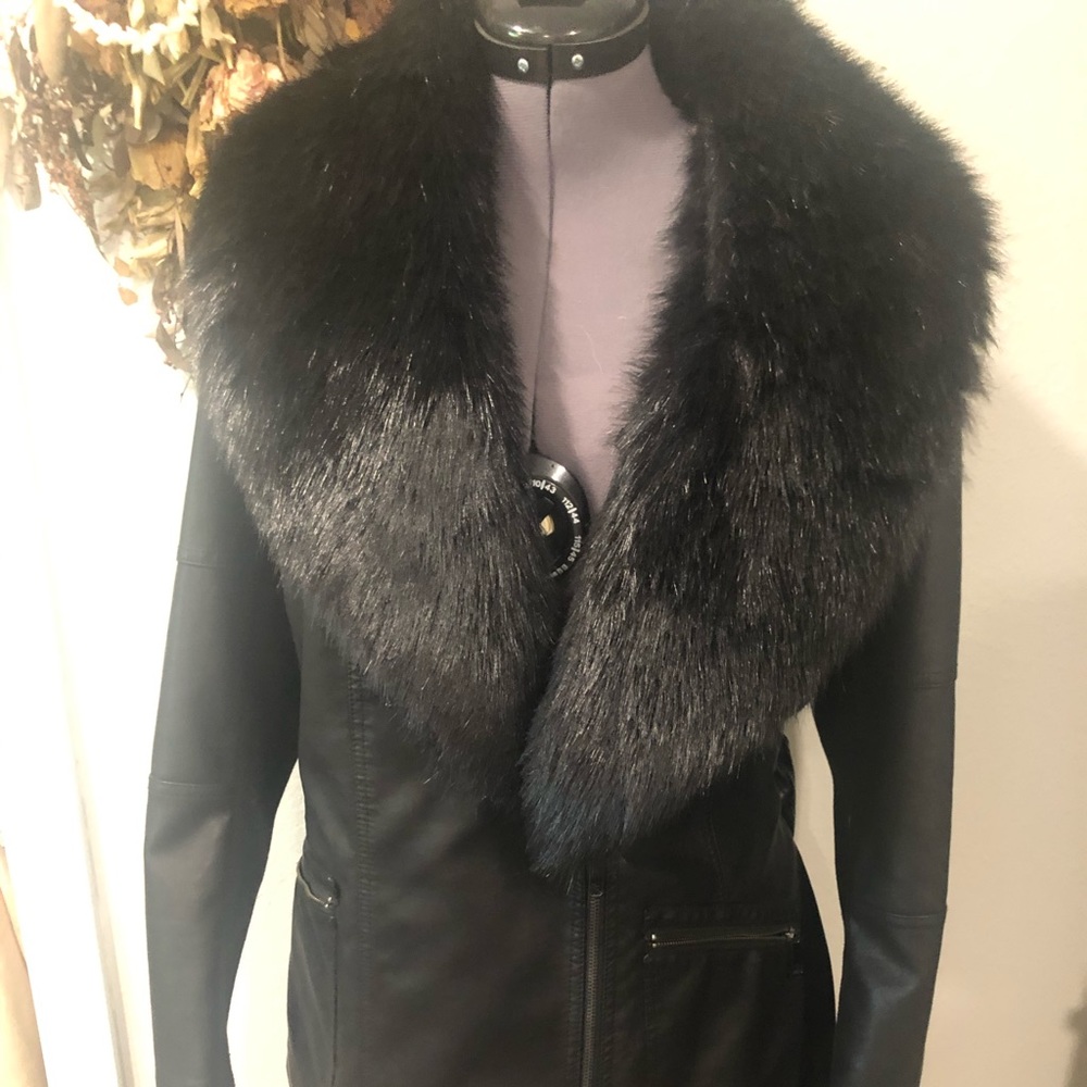Hip length faux leather jacket